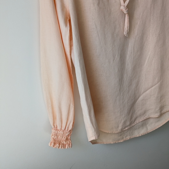 Cloth & Stone Pink Linen Bishop Sleeve Gathered Cuff Tie Neck Pullover Top - Picture 4 of 7